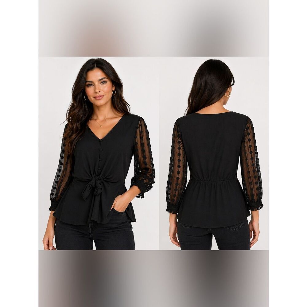 Fifty Street Chic Black V-Neck Blouse with Tie Front